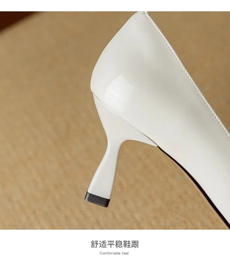 Women's pointed-toe stiletto heels, 7cm high heels, patent leather, low-cut, stylish, elegant, and sexy with a bow.
