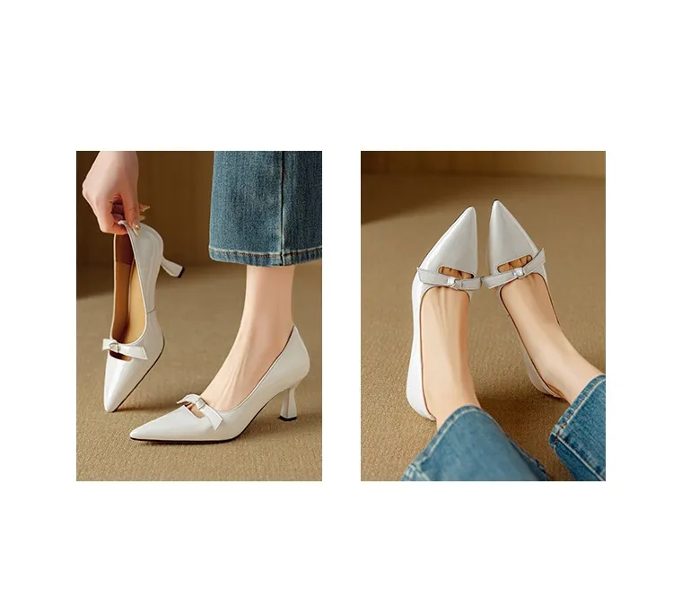 Women's pointed-toe stiletto heels, 7cm high heels, patent leather, low-cut, stylish, elegant, and sexy with a bow.