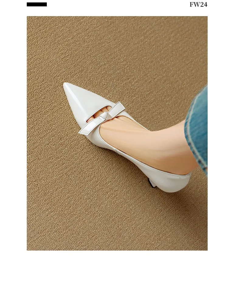 Women's pointed-toe stiletto heels, 7cm high heels, patent leather, low-cut, stylish, elegant, and sexy with a bow.