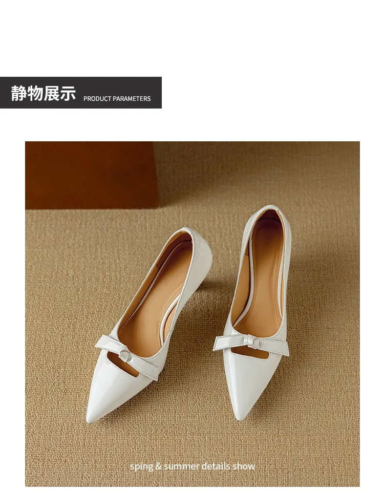 Women's pointed-toe stiletto heels, 7cm high heels, patent leather, low-cut, stylish, elegant, and sexy with a bow.