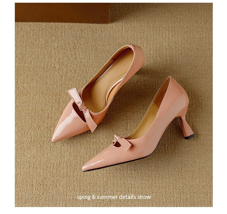 Women's pointed-toe stiletto heels, 7cm high heels, patent leather, low-cut, stylish, elegant, and sexy with a bow.