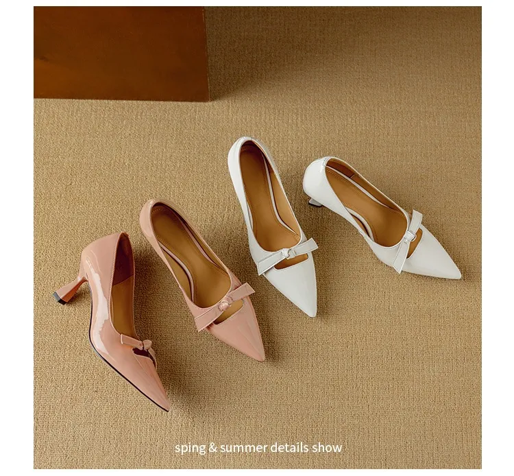 Women's pointed-toe stiletto heels, 7cm high heels, patent leather, low-cut, stylish, elegant, and sexy with a bow.
