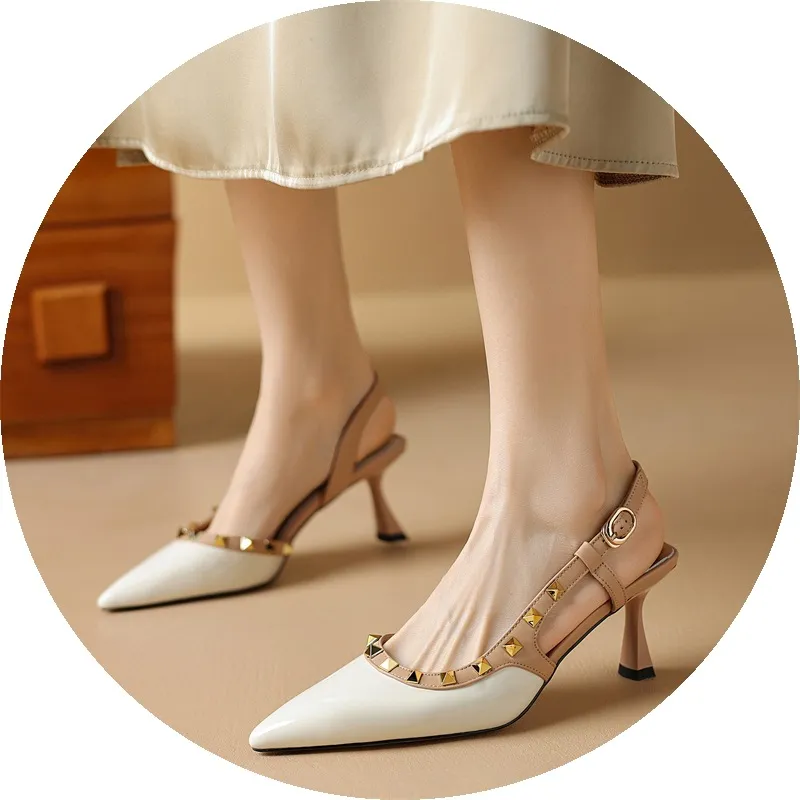 Spring/Summer French Chic Pointed Toe Studded Stiletto Sandals for Women, High Heels, Patent Leather, Open Back