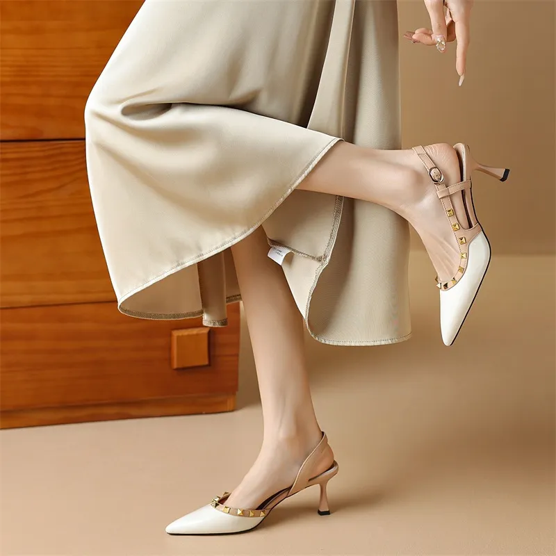 Spring/Summer French Chic Pointed Toe Studded Stiletto Sandals for Women, High Heels, Patent Leather, Open Back