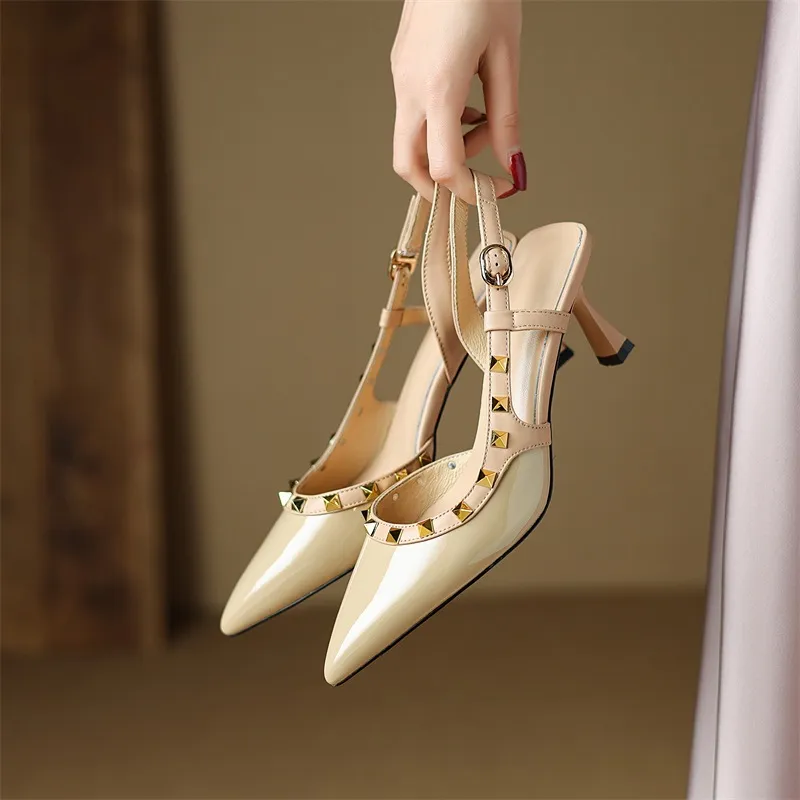 Spring/Summer French Chic Pointed Toe Studded Stiletto Sandals for Women, High Heels, Patent Leather, Open Back