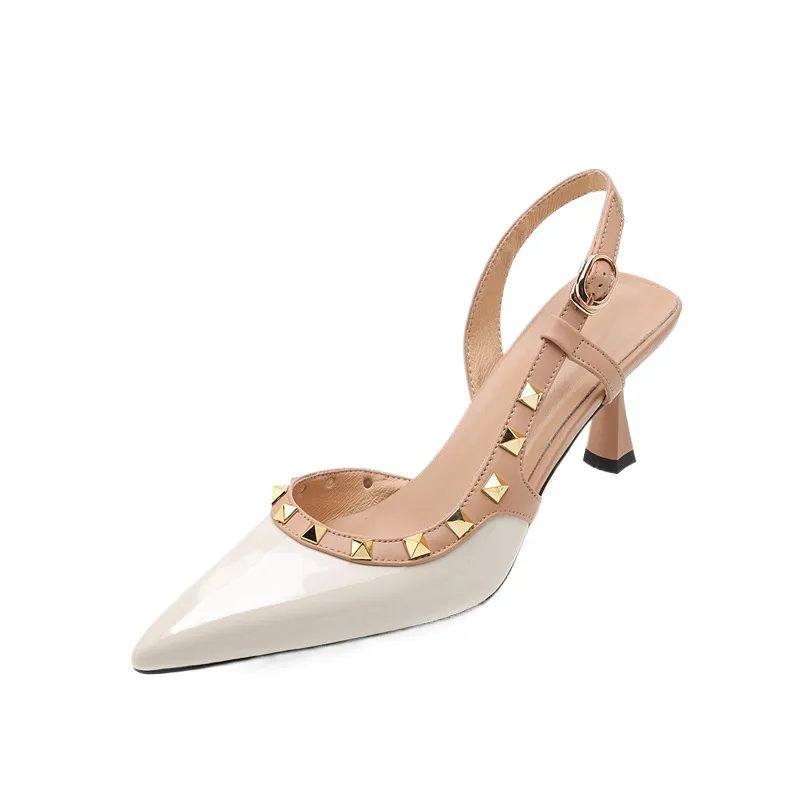 Spring/Summer French Chic Pointed Toe Studded Stiletto Sandals for Women, High Heels, Patent Leather, Open Back