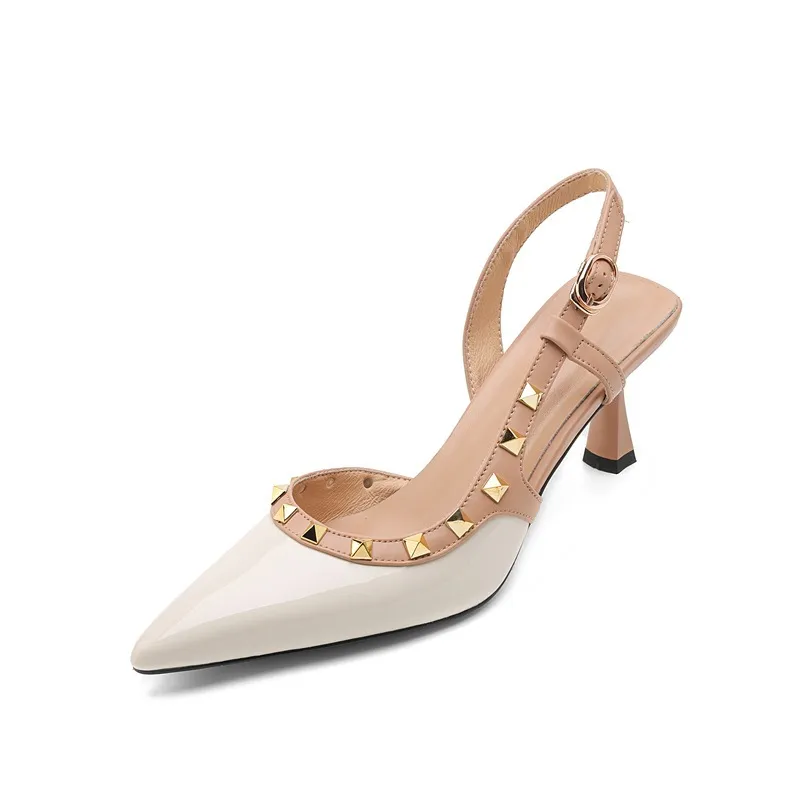 Spring/Summer French Chic Pointed Toe Studded Stiletto Sandals for Women, High Heels, Patent Leather, Open Back