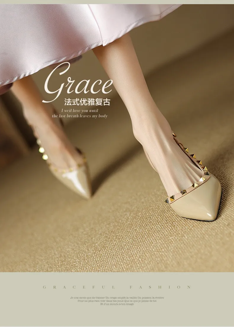 Spring/Summer French Chic Pointed Toe Studded Stiletto Sandals for Women, High Heels, Patent Leather, Open Back