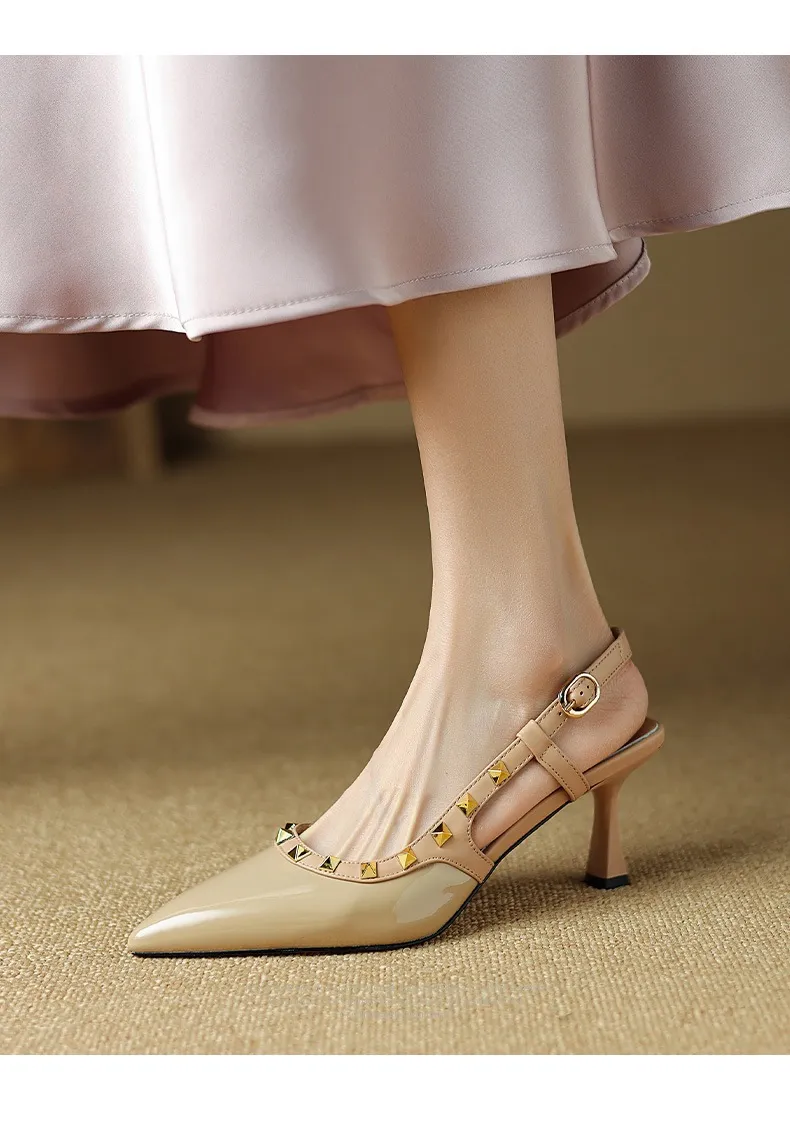 Spring/Summer French Chic Pointed Toe Studded Stiletto Sandals for Women, High Heels, Patent Leather, Open Back