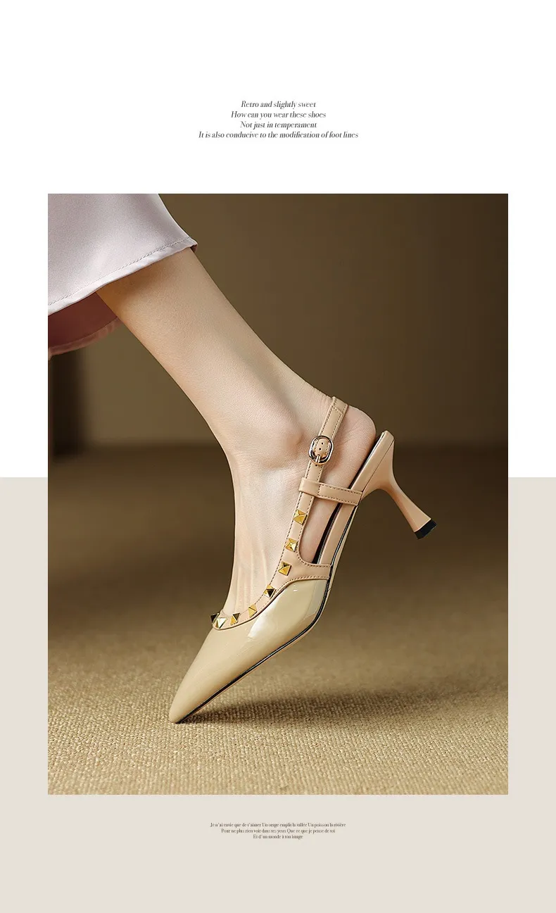 Spring/Summer French Chic Pointed Toe Studded Stiletto Sandals for Women, High Heels, Patent Leather, Open Back