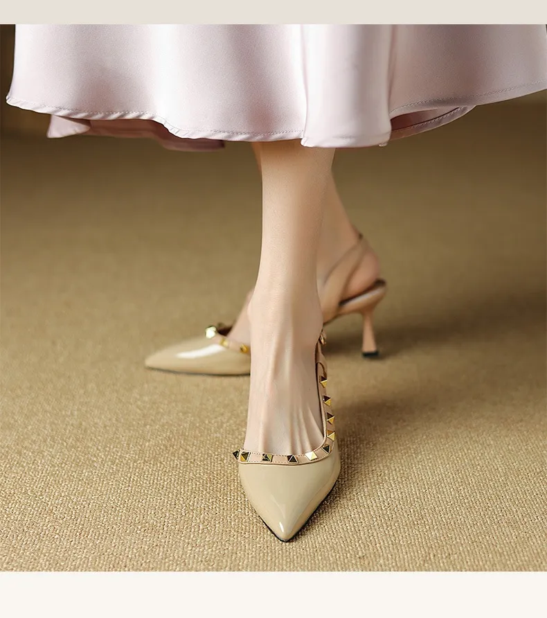Spring/Summer French Chic Pointed Toe Studded Stiletto Sandals for Women, High Heels, Patent Leather, Open Back