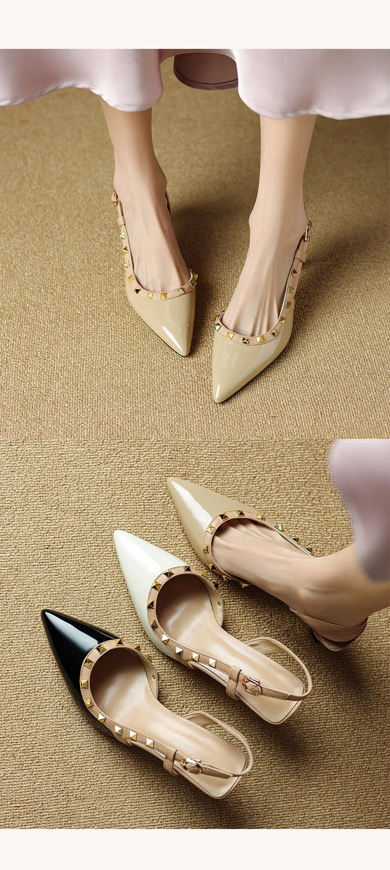Spring/Summer French Chic Pointed Toe Studded Stiletto Sandals for Women, High Heels, Patent Leather, Open Back