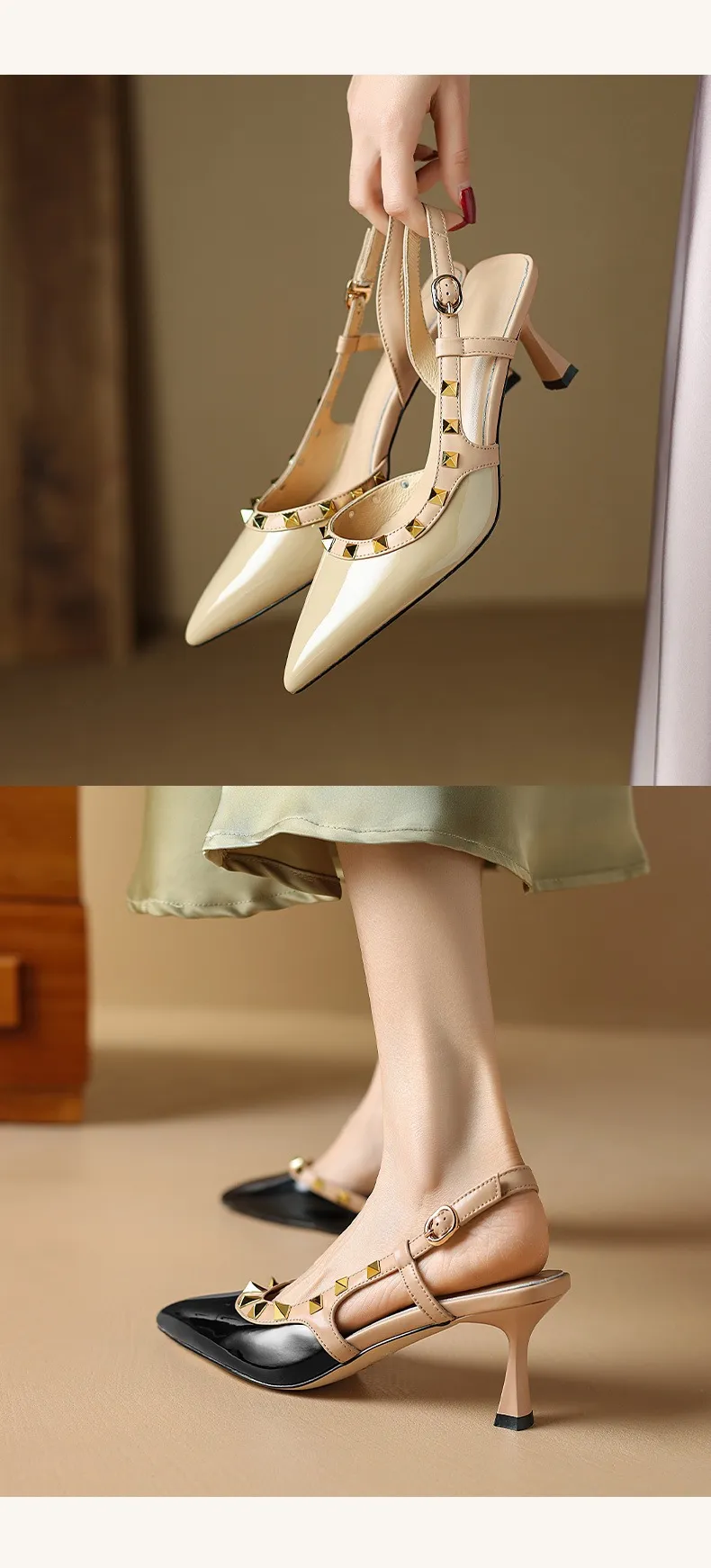 Spring/Summer French Chic Pointed Toe Studded Stiletto Sandals for Women, High Heels, Patent Leather, Open Back