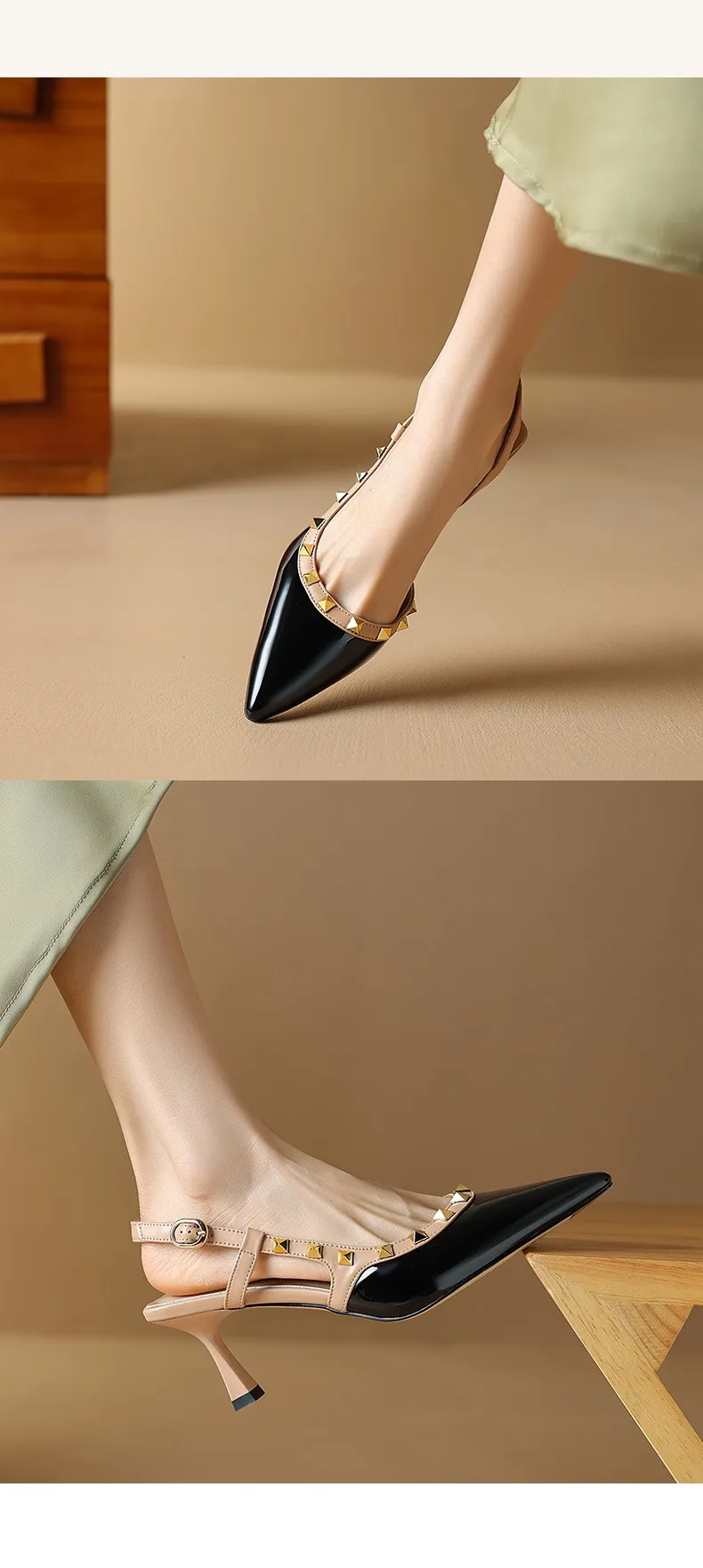 Spring/Summer French Chic Pointed Toe Studded Stiletto Sandals for Women, High Heels, Patent Leather, Open Back