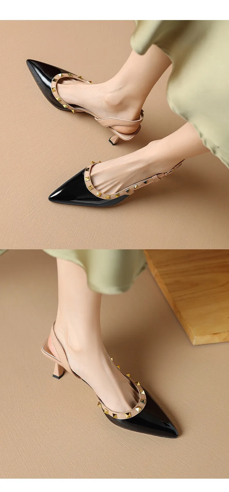 Spring/Summer French Chic Pointed Toe Studded Stiletto Sandals for Women, High Heels, Patent Leather, Open Back