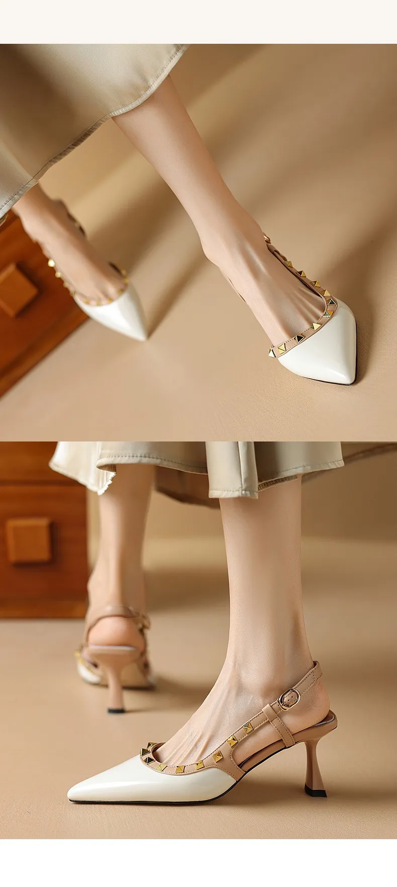 Spring/Summer French Chic Pointed Toe Studded Stiletto Sandals for Women, High Heels, Patent Leather, Open Back