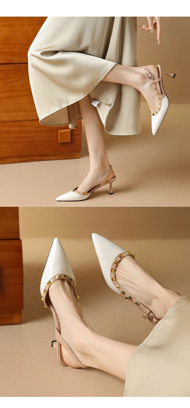 Spring/Summer French Chic Pointed Toe Studded Stiletto Sandals for Women, High Heels, Patent Leather, Open Back