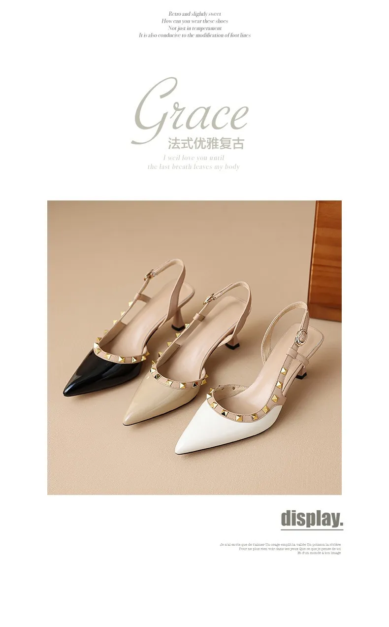 Spring/Summer French Chic Pointed Toe Studded Stiletto Sandals for Women, High Heels, Patent Leather, Open Back