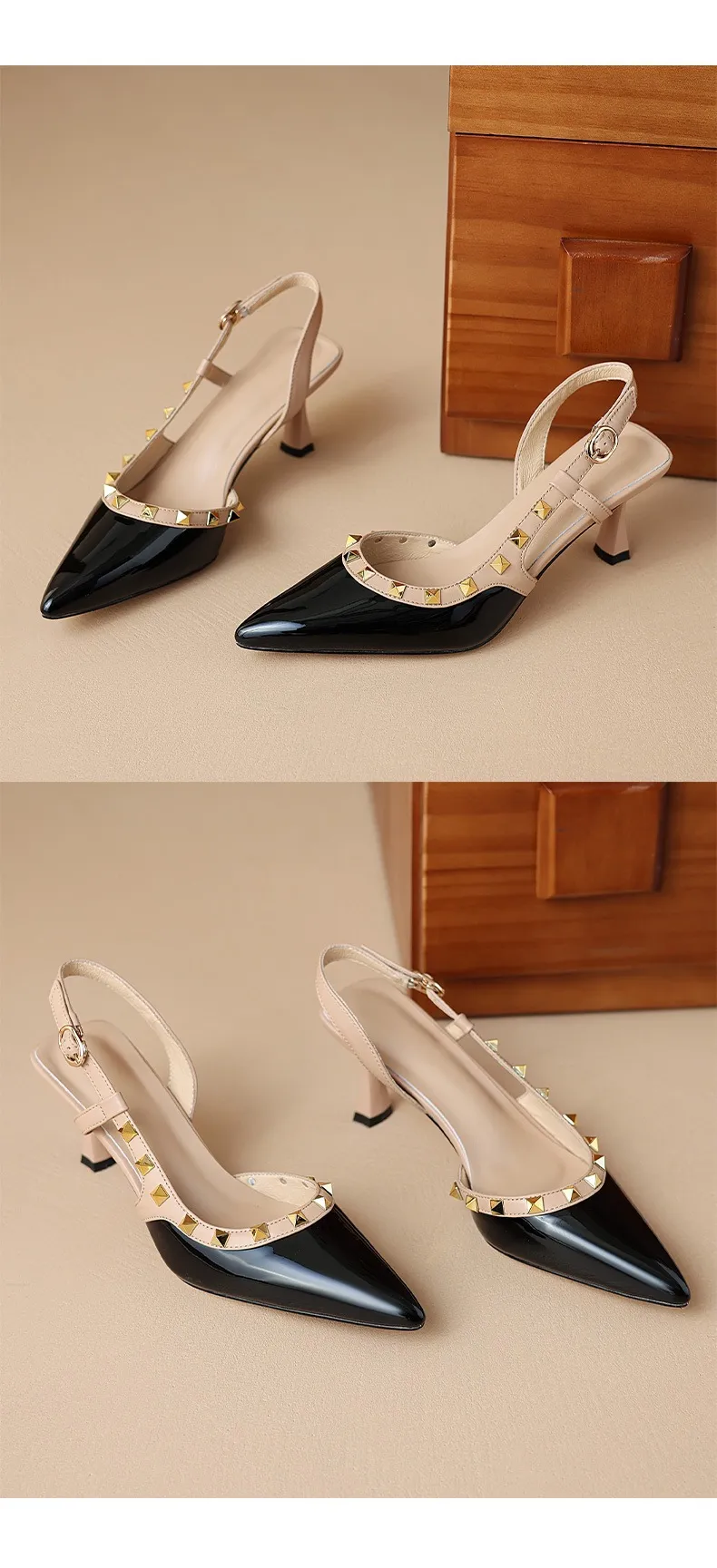 Spring/Summer French Chic Pointed Toe Studded Stiletto Sandals for Women, High Heels, Patent Leather, Open Back