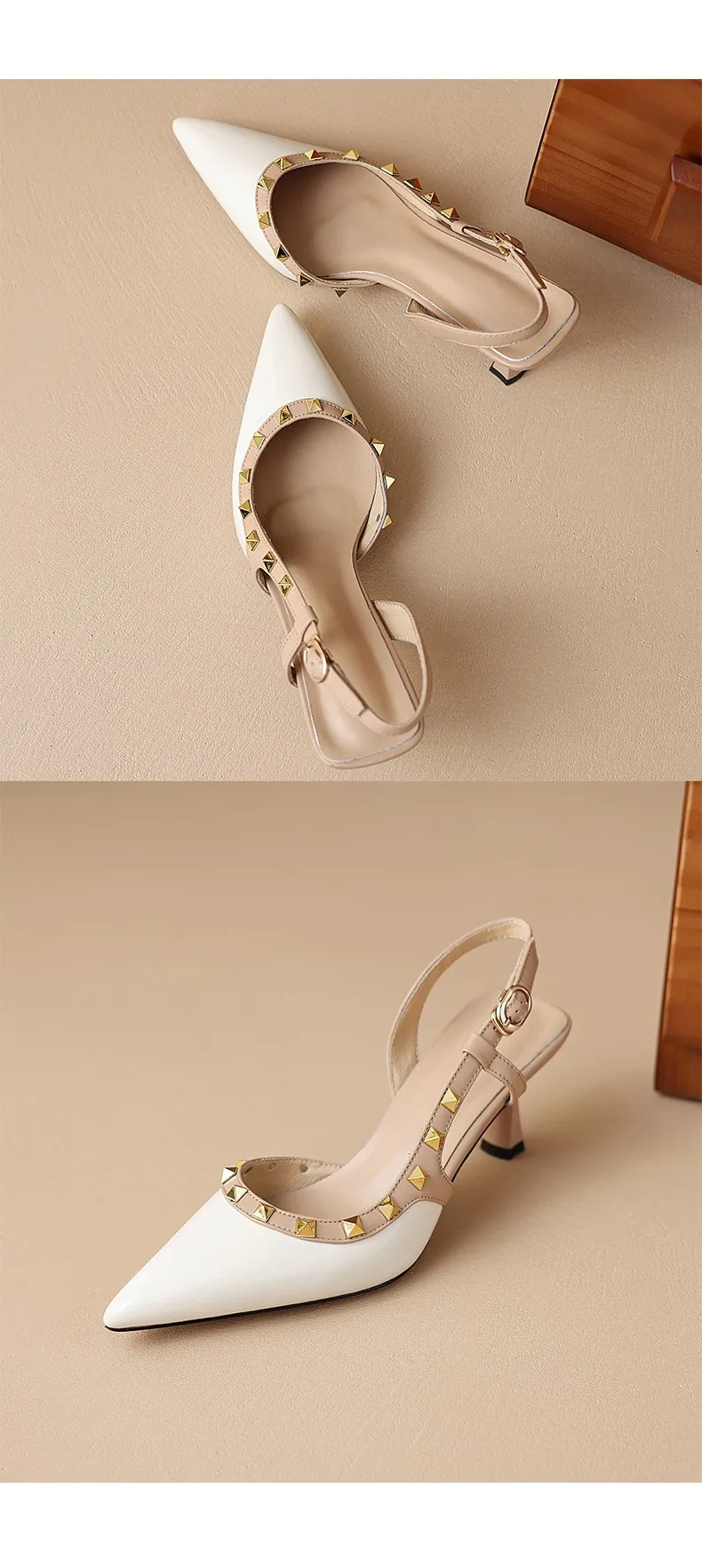 Spring/Summer French Chic Pointed Toe Studded Stiletto Sandals for Women, High Heels, Patent Leather, Open Back