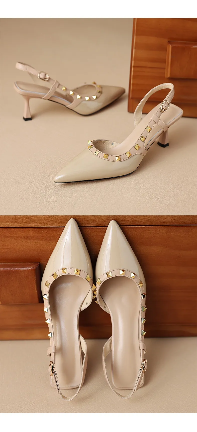 Spring/Summer French Chic Pointed Toe Studded Stiletto Sandals for Women, High Heels, Patent Leather, Open Back