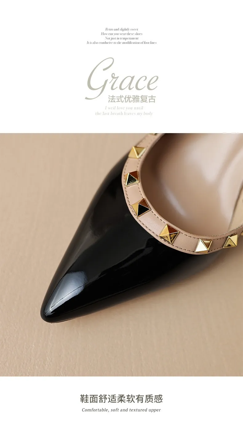 Spring/Summer French Chic Pointed Toe Studded Stiletto Sandals for Women, High Heels, Patent Leather, Open Back