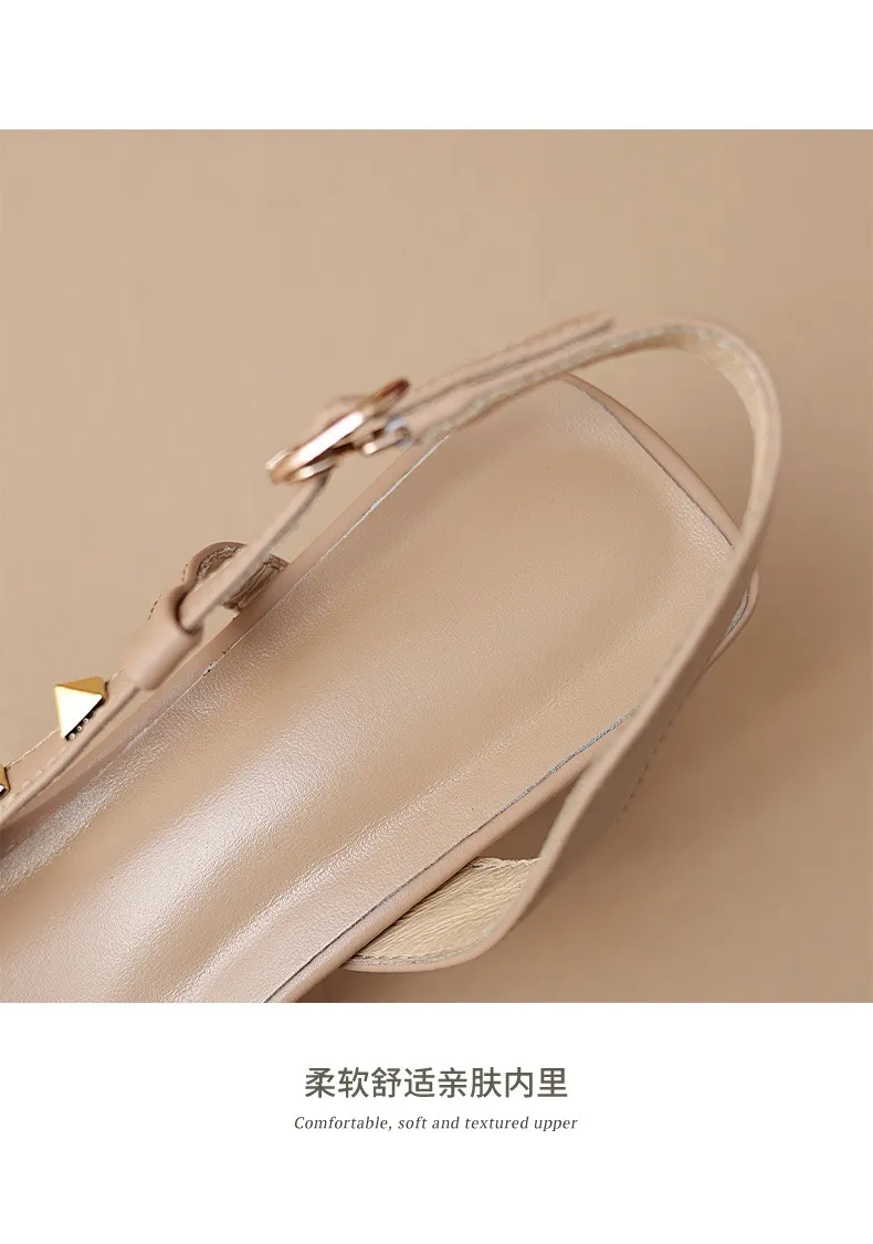 Spring/Summer French Chic Pointed Toe Studded Stiletto Sandals for Women, High Heels, Patent Leather, Open Back