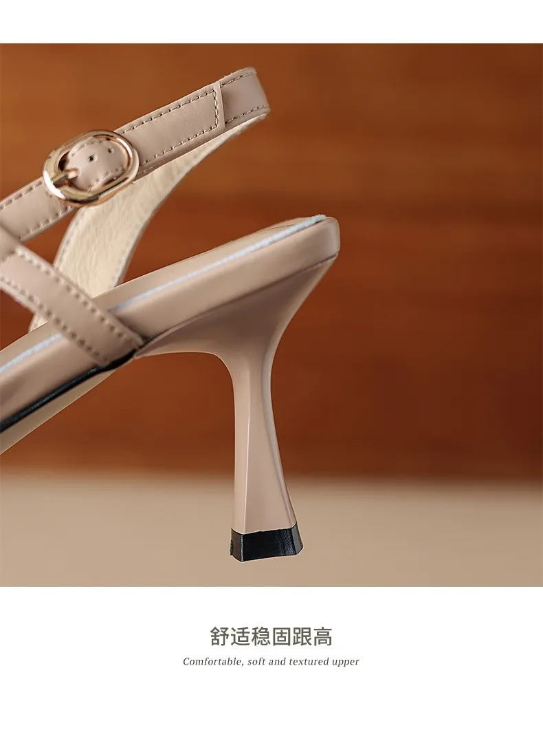 Spring/Summer French Chic Pointed Toe Studded Stiletto Sandals for Women, High Heels, Patent Leather, Open Back