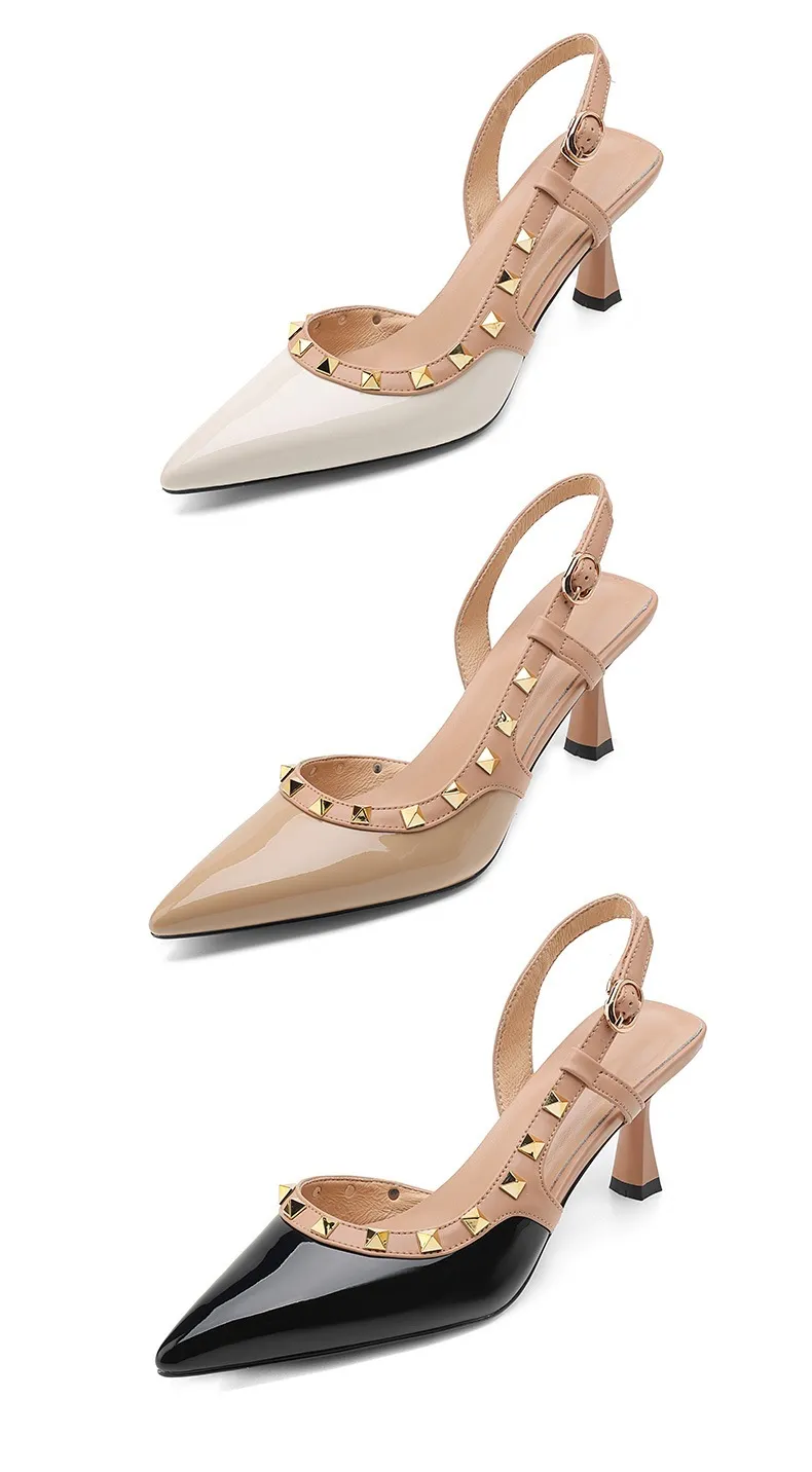 Spring/Summer French Chic Pointed Toe Studded Stiletto Sandals for Women, High Heels, Patent Leather, Open Back