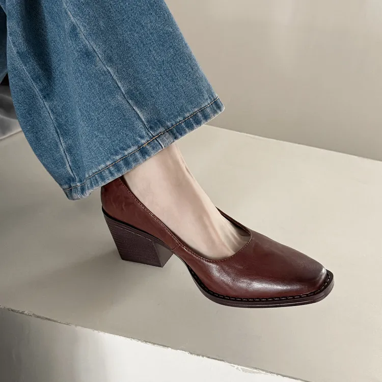 Early Spring Slip-on Leather Fashion Shoes, Square Toe, Chunky Heel, High Heel, 12-26b