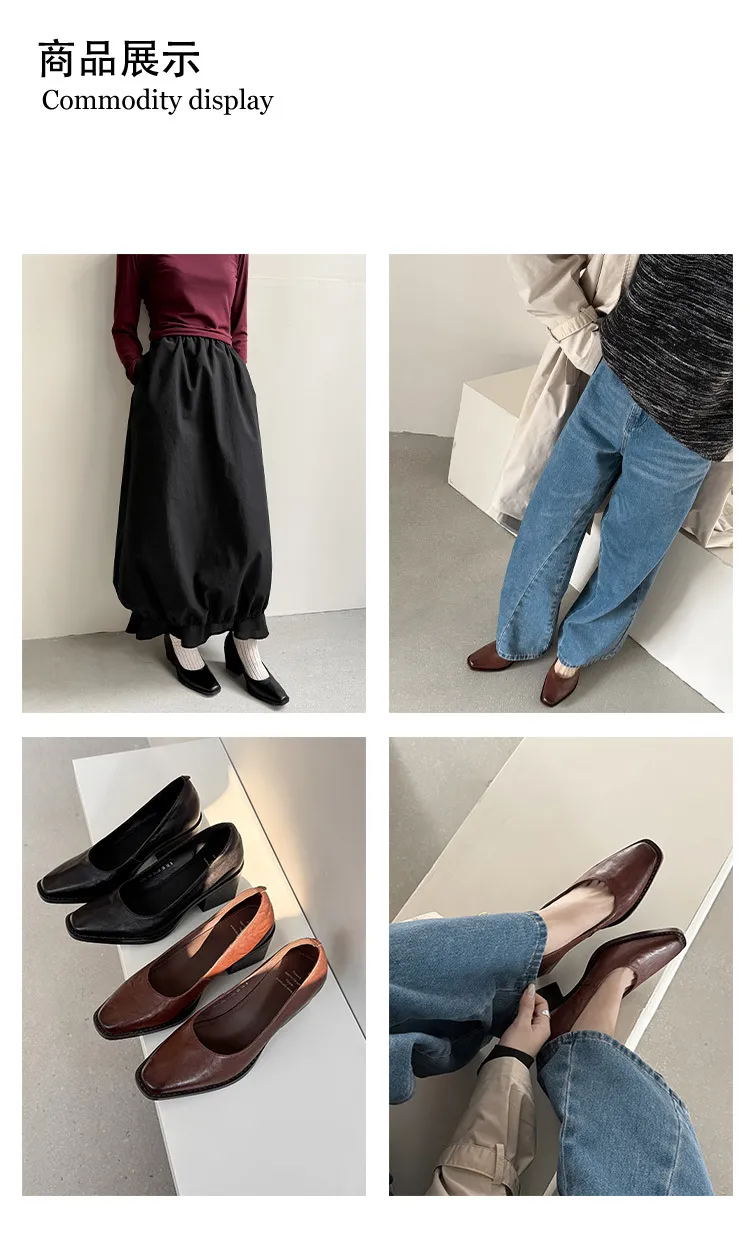 Early Spring Slip-on Leather Fashion Shoes, Square Toe, Chunky Heel, High Heel, 12-26b