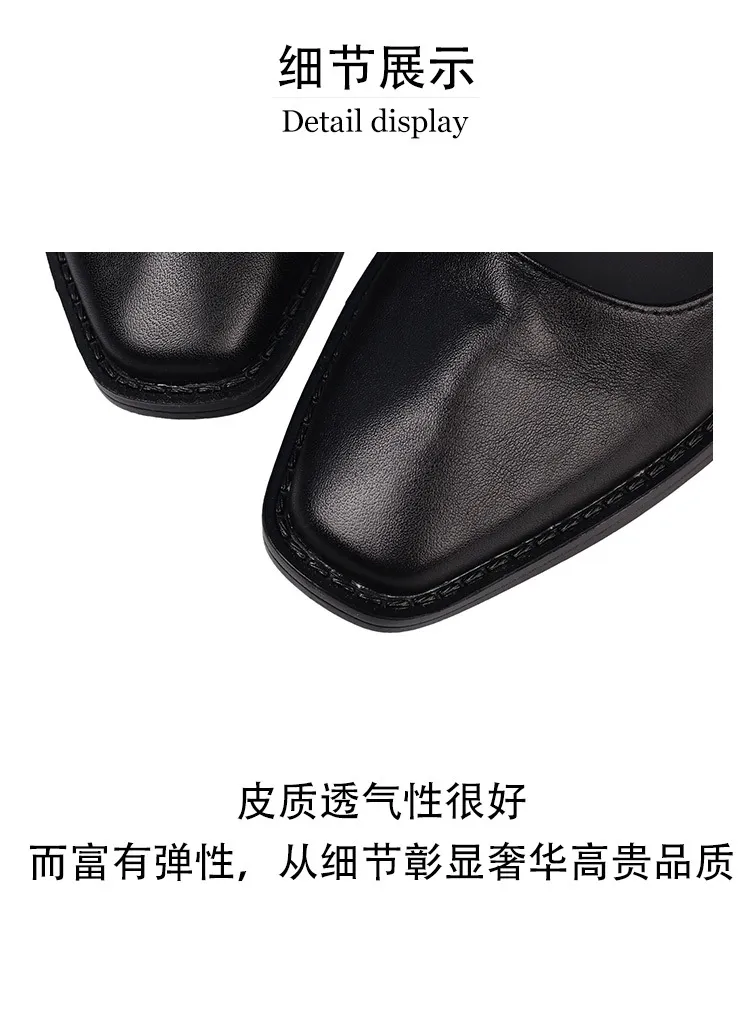 Early Spring Slip-on Leather Fashion Shoes, Square Toe, Chunky Heel, High Heel, 12-26b