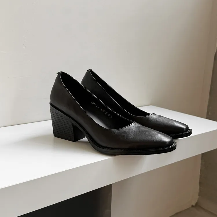 Early Spring Slip-on Leather Fashion Shoes, Square Toe, Chunky Heel, High Heel, 12-26b