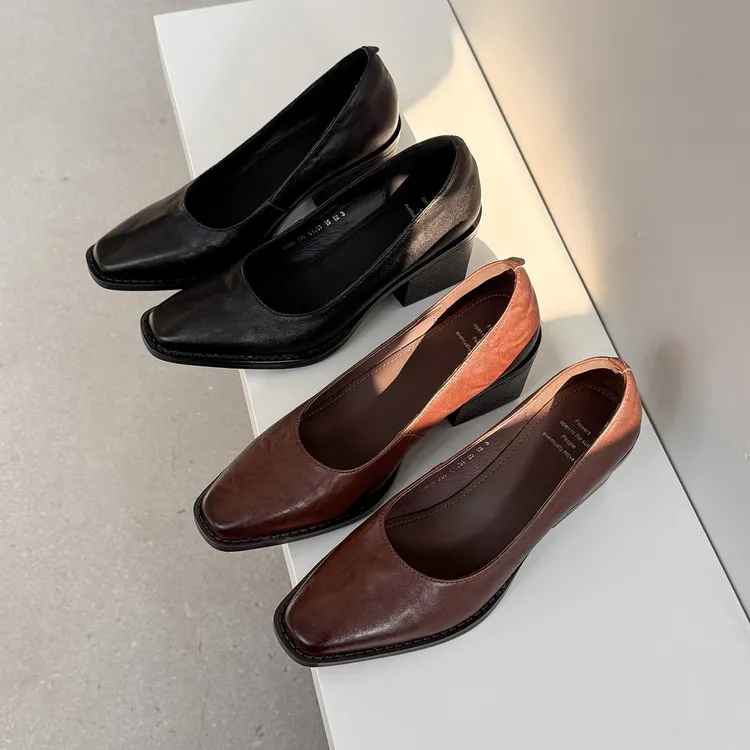 Early Spring Slip-on Leather Fashion Shoes, Square Toe, Chunky Heel, High Heel, 12-26b