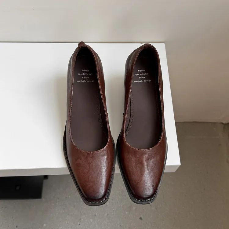 Early Spring Slip-on Leather Fashion Shoes, Square Toe, Chunky Heel, High Heel, 12-26b