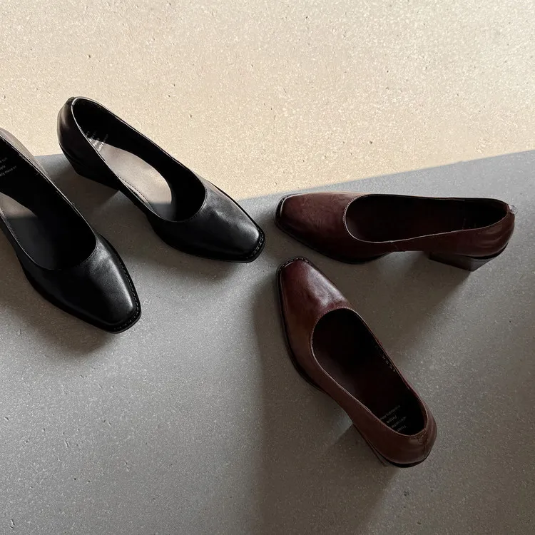 Early Spring Slip-on Leather Fashion Shoes, Square Toe, Chunky Heel, High Heel, 12-26b