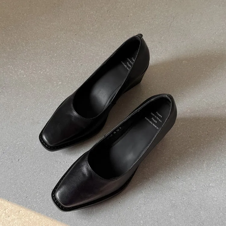 Early Spring Slip-on Leather Fashion Shoes, Square Toe, Chunky Heel, High Heel, 12-26b