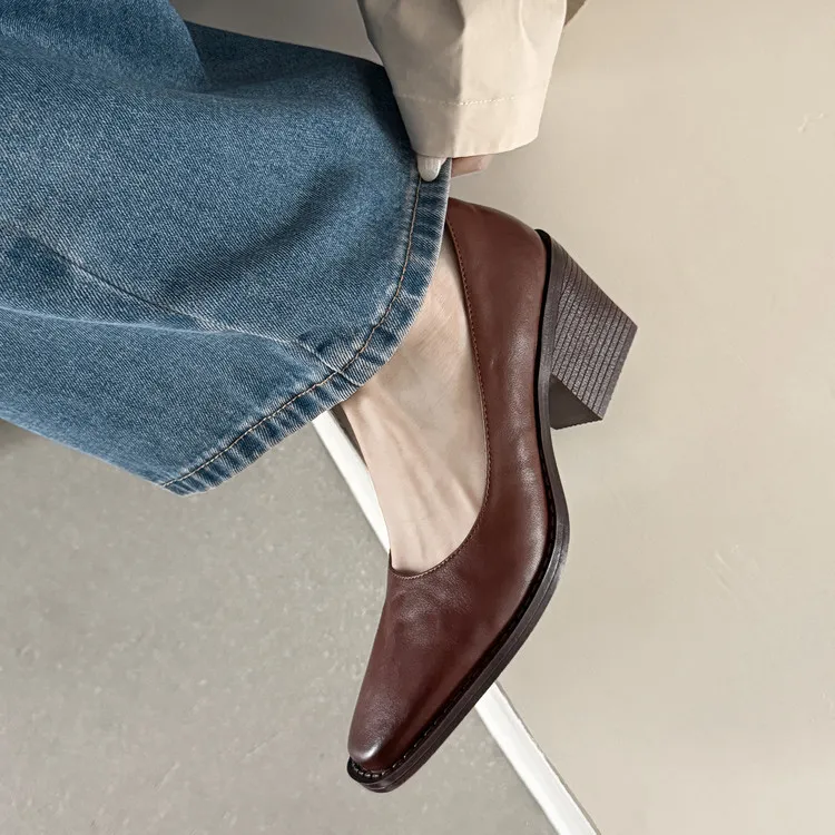 Early Spring Slip-on Leather Fashion Shoes, Square Toe, Chunky Heel, High Heel, 12-26b
