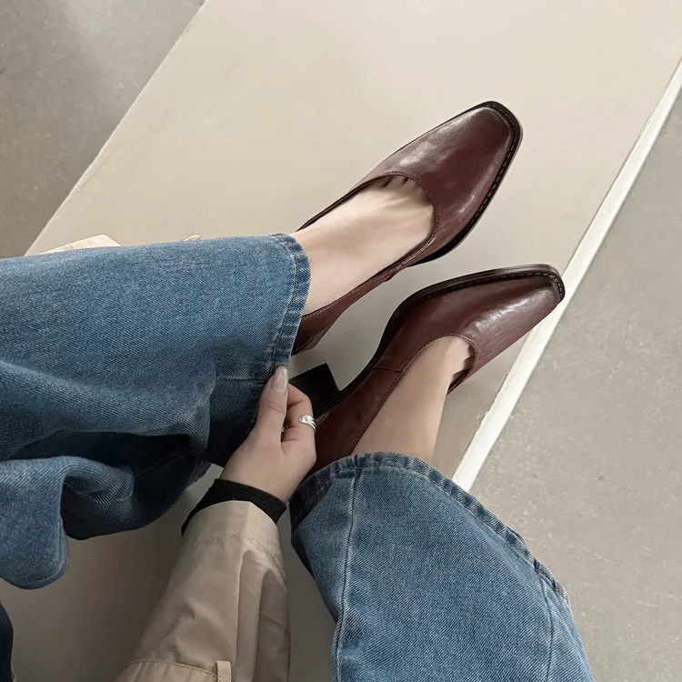 Early Spring Slip-on Leather Fashion Shoes, Square Toe, Chunky Heel, High Heel, 12-26b