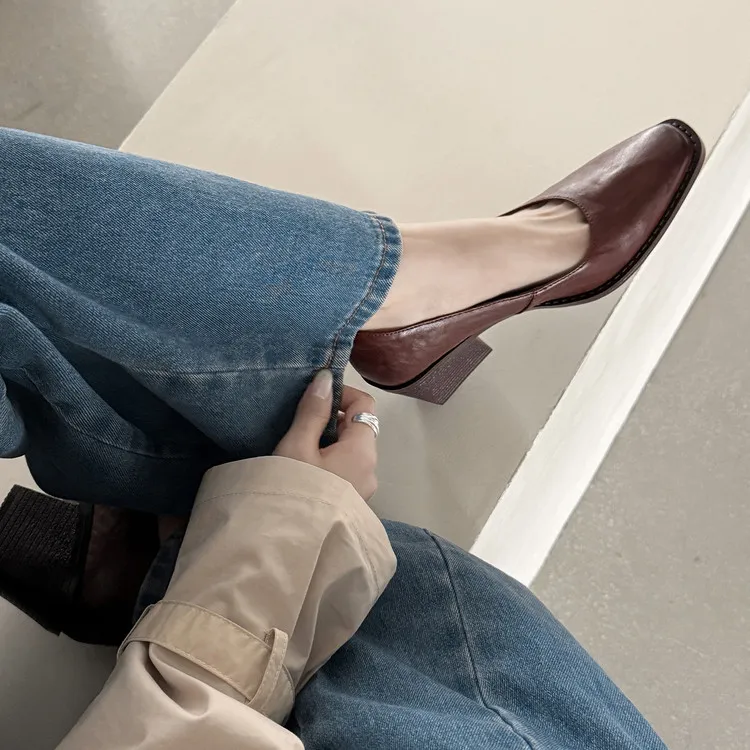 Early Spring Slip-on Leather Fashion Shoes, Square Toe, Chunky Heel, High Heel, 12-26b