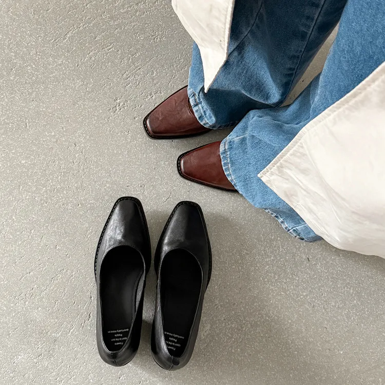 Early Spring Slip-on Leather Fashion Shoes, Square Toe, Chunky Heel, High Heel, 12-26b