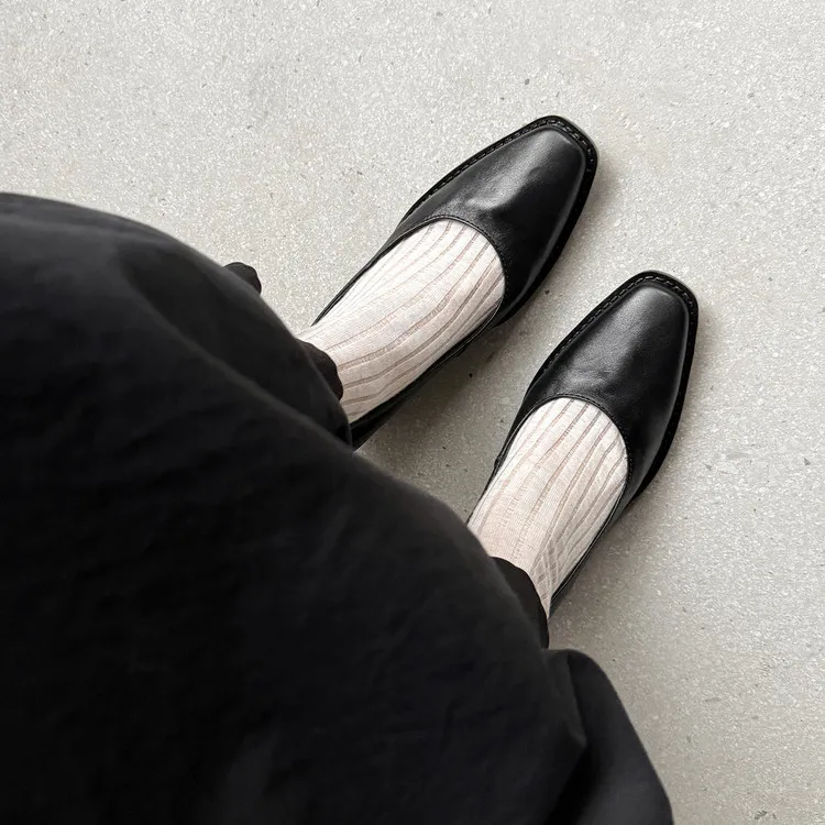 Early Spring Slip-on Leather Fashion Shoes, Square Toe, Chunky Heel, High Heel, 12-26b