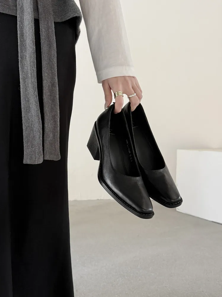 Early Spring Slip-on Leather Fashion Shoes, Square Toe, Chunky Heel, High Heel, 12-26b