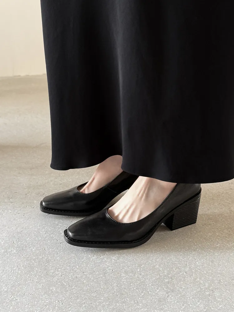 Early Spring Slip-on Leather Fashion Shoes, Square Toe, Chunky Heel, High Heel, 12-26b
