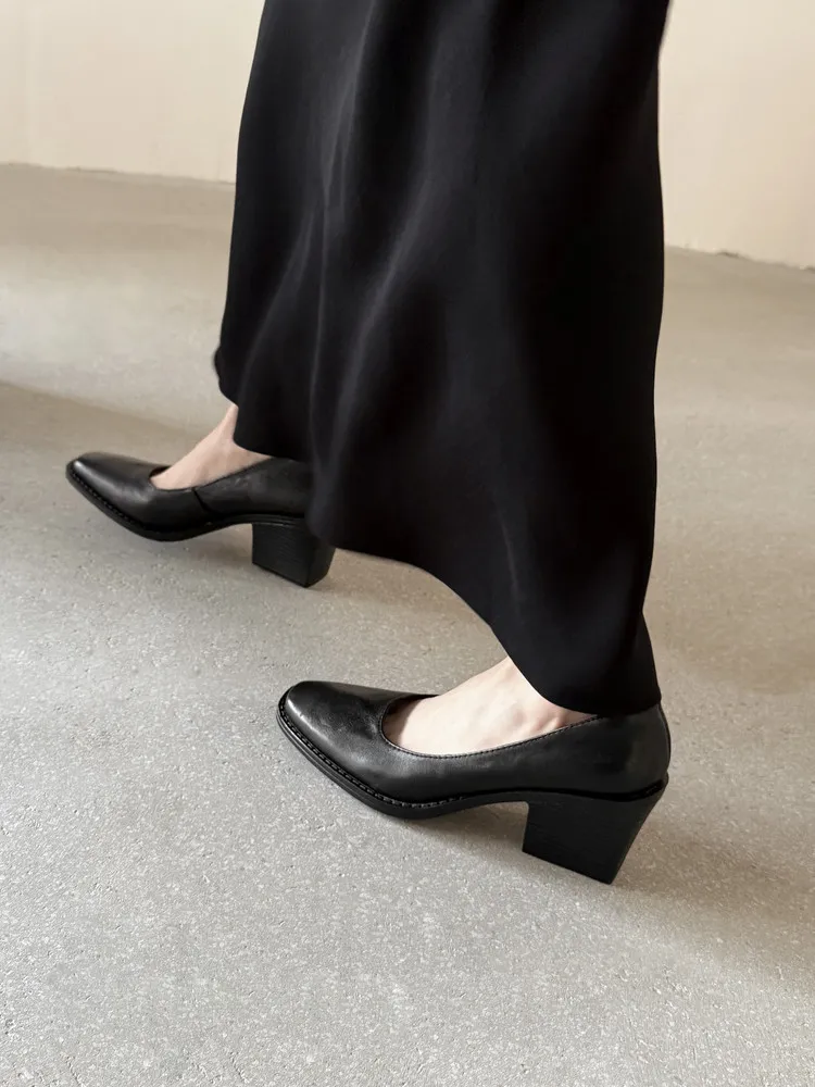 Early Spring Slip-on Leather Fashion Shoes, Square Toe, Chunky Heel, High Heel, 12-26b