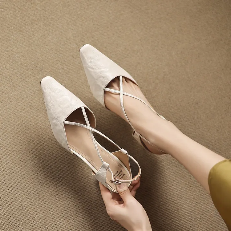 Spring/Summer Crossback Open-Back Sandals, Stunning French Style Square Toe, Closed-Toe High Heels, Lizhen Women's Shoes