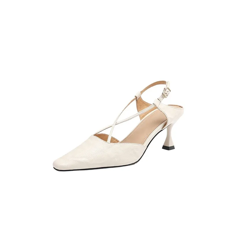 Spring/Summer Crossback Open-Back Sandals, Stunning French Style Square Toe, Closed-Toe High Heels, Lizhen Women's Shoes