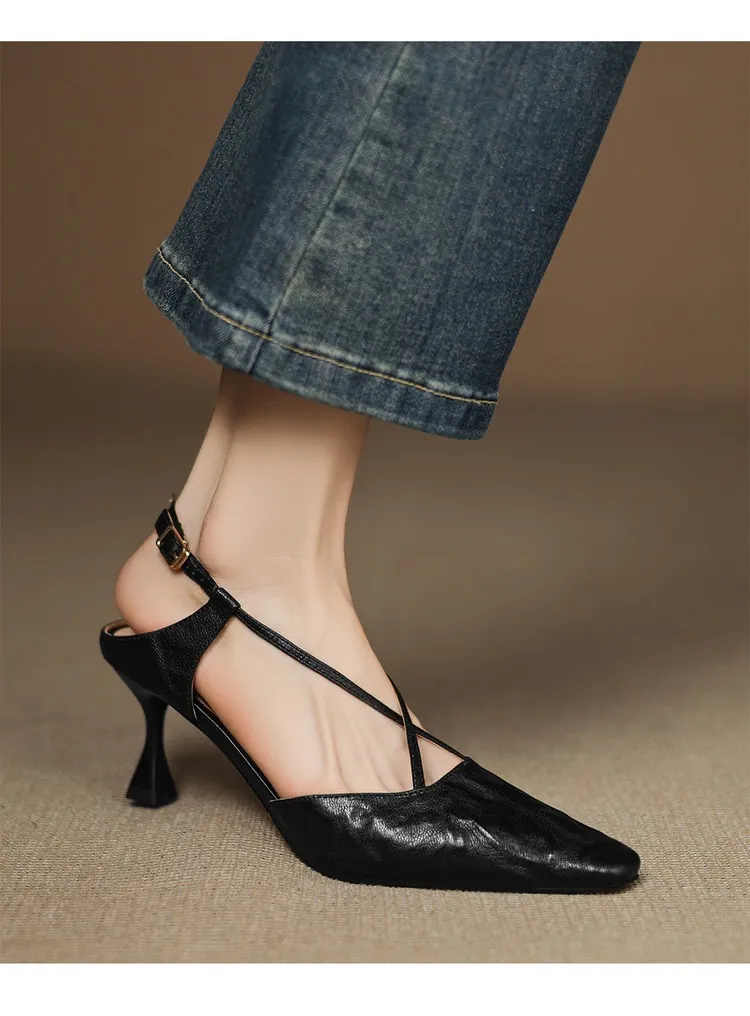 Spring/Summer Crossback Open-Back Sandals, Stunning French Style Square Toe, Closed-Toe High Heels, Lizhen Women's Shoes