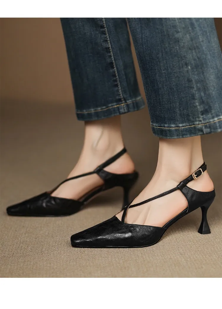 Spring/Summer Crossback Open-Back Sandals, Stunning French Style Square Toe, Closed-Toe High Heels, Lizhen Women's Shoes