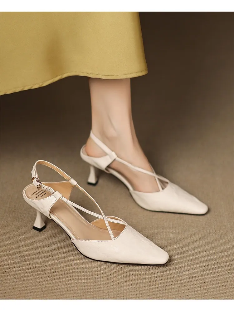 Spring/Summer Crossback Open-Back Sandals, Stunning French Style Square Toe, Closed-Toe High Heels, Lizhen Women's Shoes